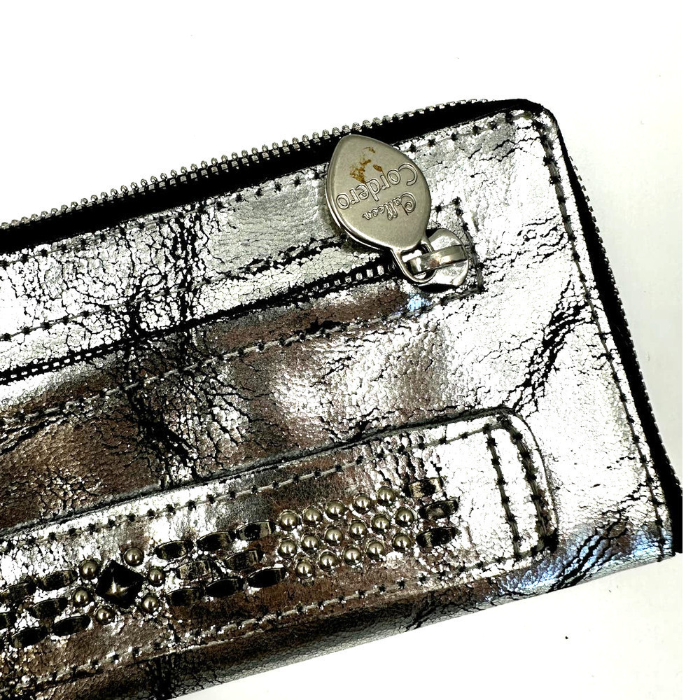 Calleen Cordero Studded Antiqued Metallic Leather Wallet Silver - Picture 9 of 12